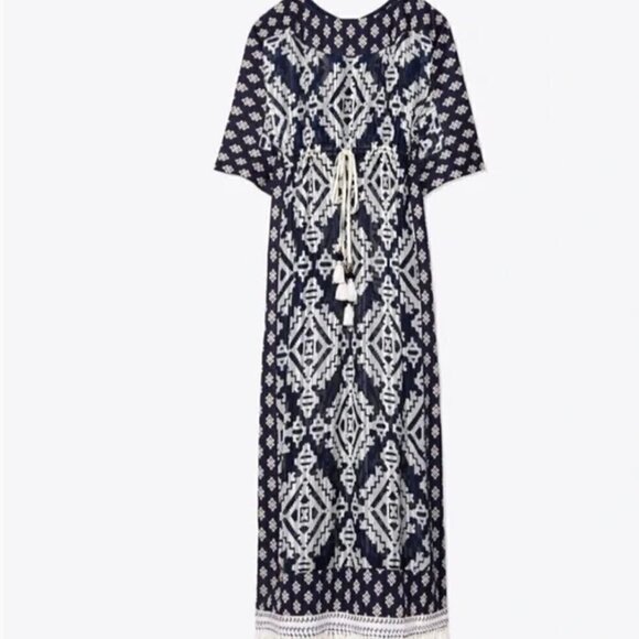 NEW Tory Burch Beatrice Dress Tapestry Geo  Cover Up Caftan Dress Fringe Size 4 - Picture 2 of 16